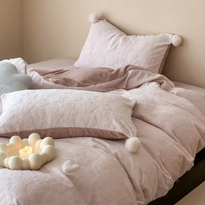 Plüsch Präge Mikrofleece Bettbezug und Kissenbezug Set mit Pom-Pom Akzentkissen