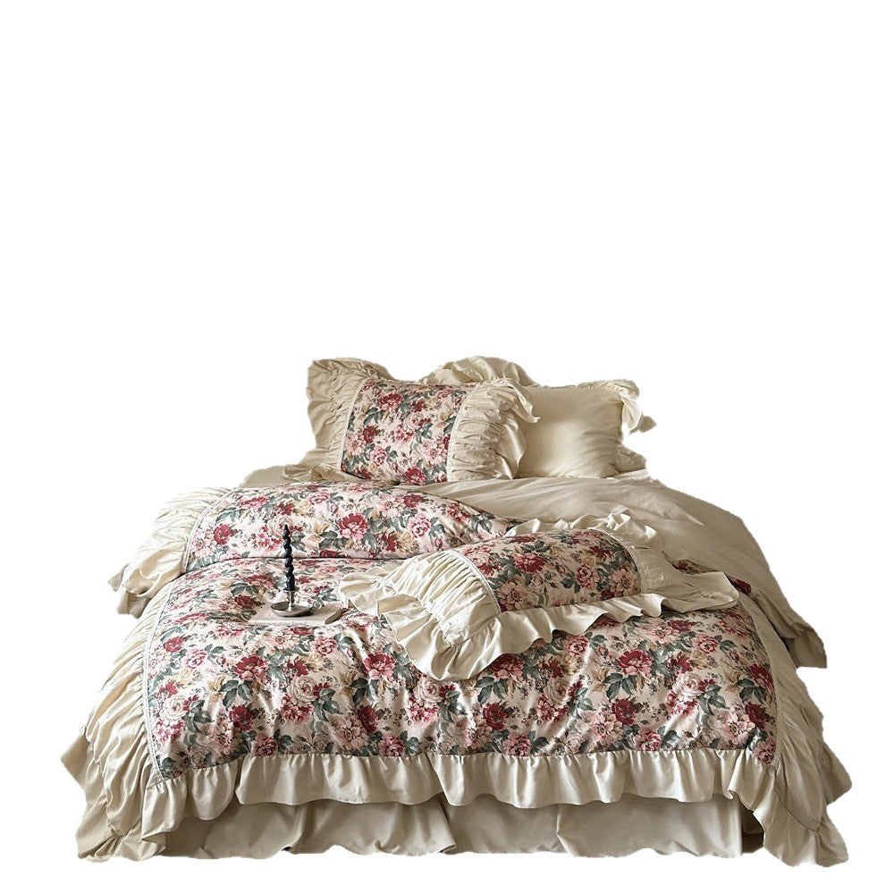 Vintage Floral Ruffled Baumwoll Bettwäsche Set