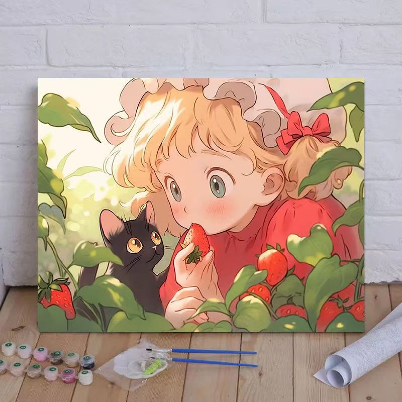 Cartoon Cat und Mädchen Themenleinwand Malset nach Zahlen Brehn