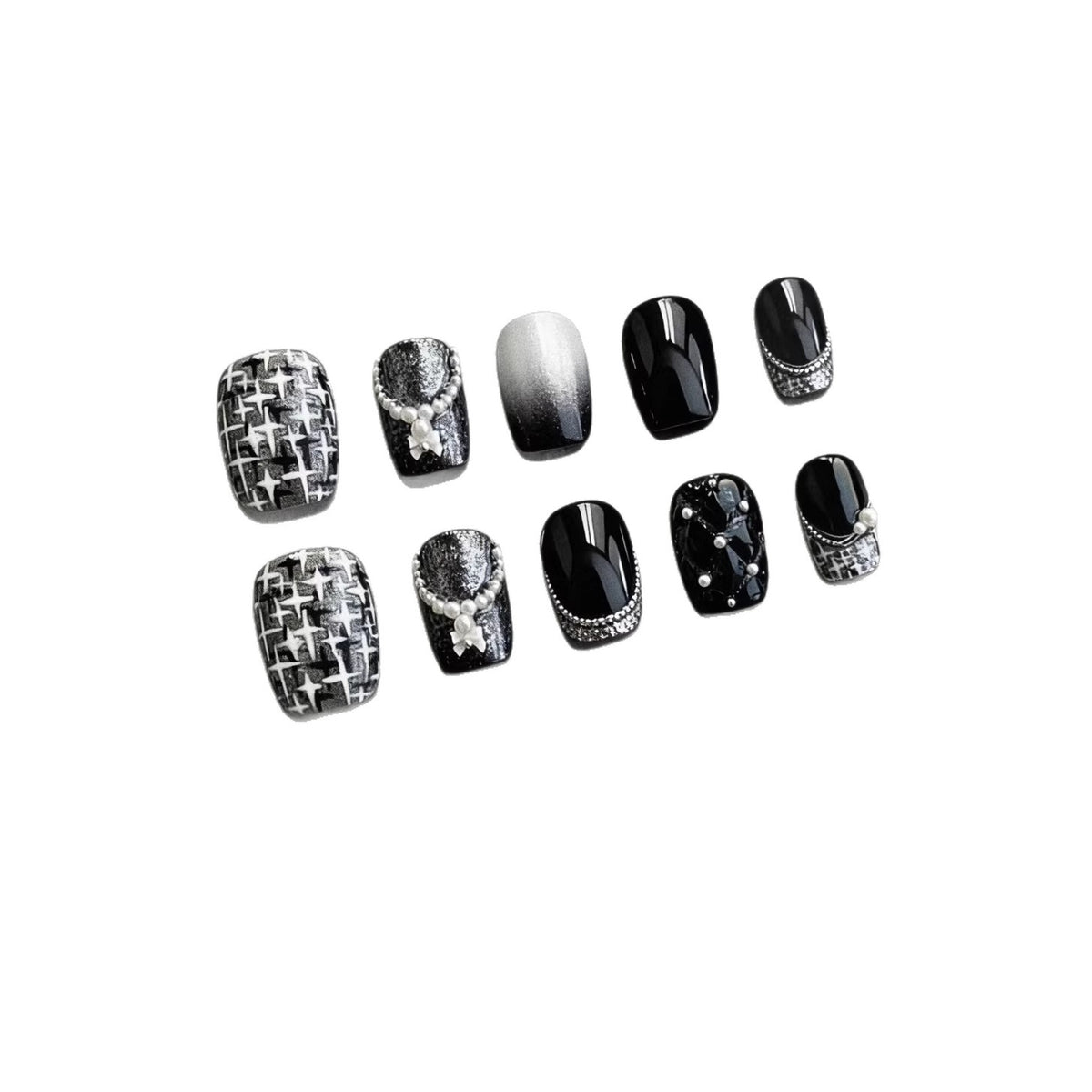Dekorative Press-On Nagelkunst Kollektion mit Perlen- und Ombre-Akzenten
