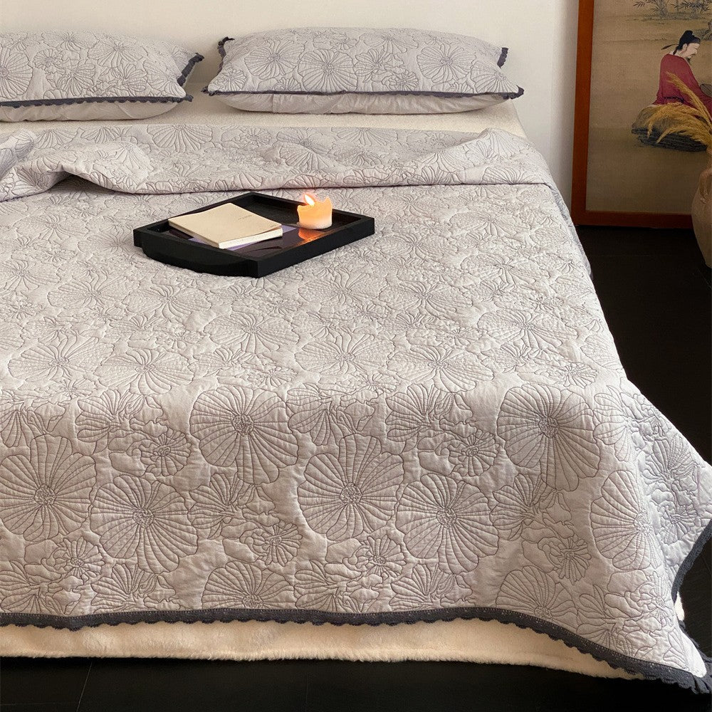 Bestickte Baumwoll-Quilt-Bettüberwurf-Set mit gewelltem Saum