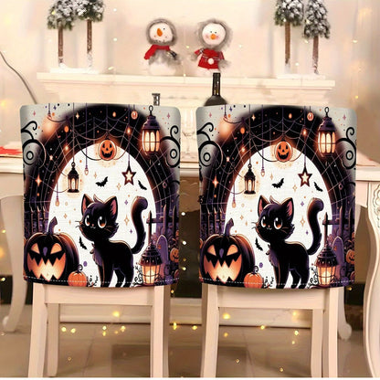 Elastische Stuhlrückenbezüge mit Halloween-Katzenmotiv