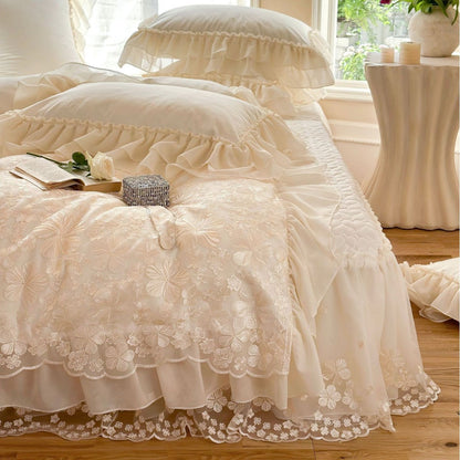 Besticktes Rüschendes Floral Bettbezug Set mit Geschichteter Transparenter Rüsche