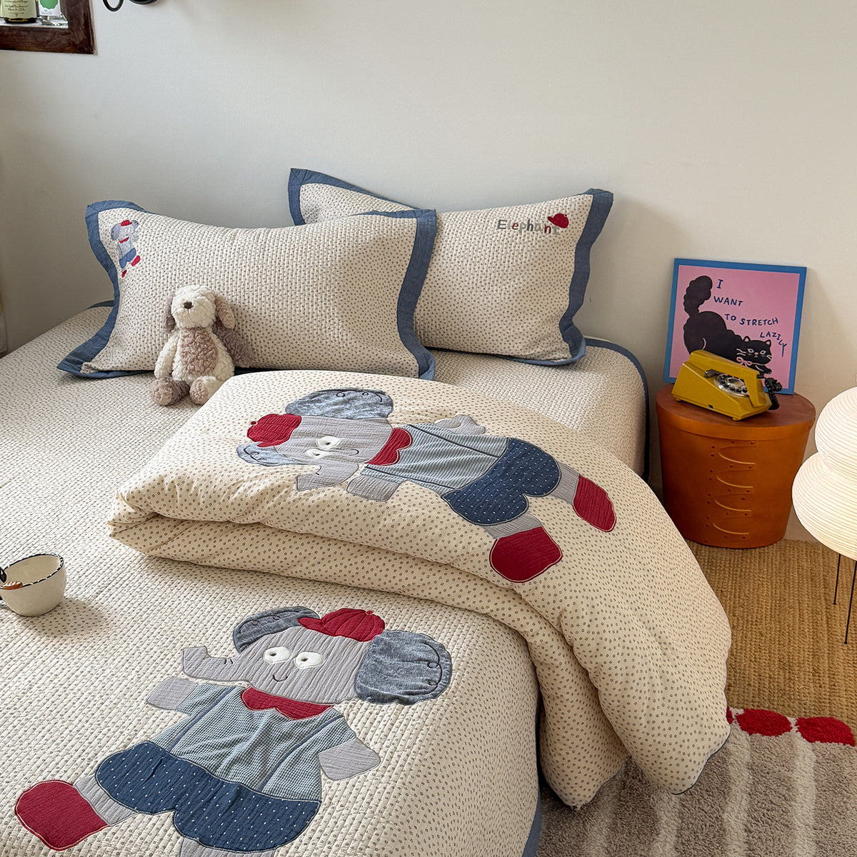 Gestepptes Bunny Applikation Komforter und Kissenbezug Set