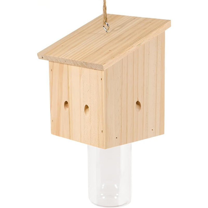 Hängender Holzvogelfutterspender mit Glasbehälter für Samen und natürlichem Jutegurt Brehn