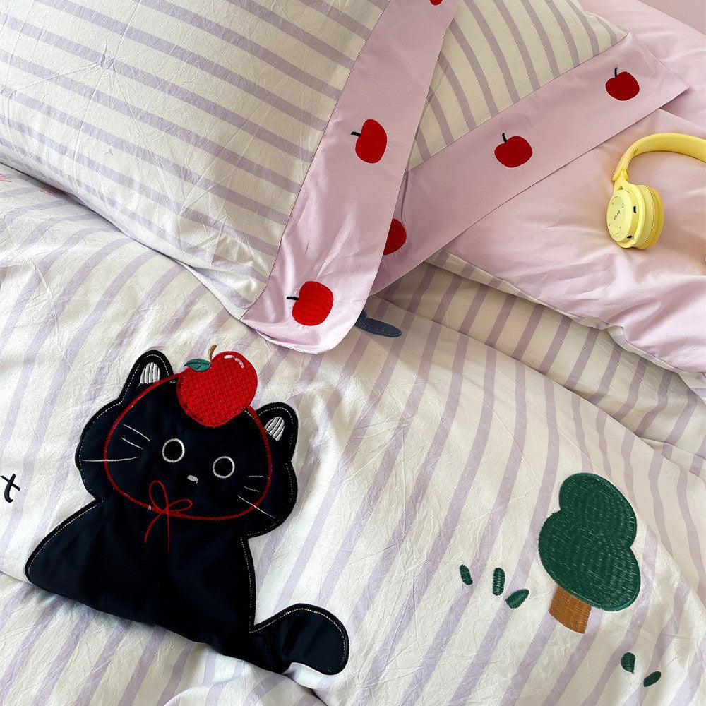Verspielt Appliqué Katze gestreiftes Bettwäsche Set mit passenden Kissenbezügen