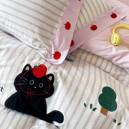 Verspielt Appliqué Katze gestreiftes Bettwäsche Set mit passenden Kissenbezügen