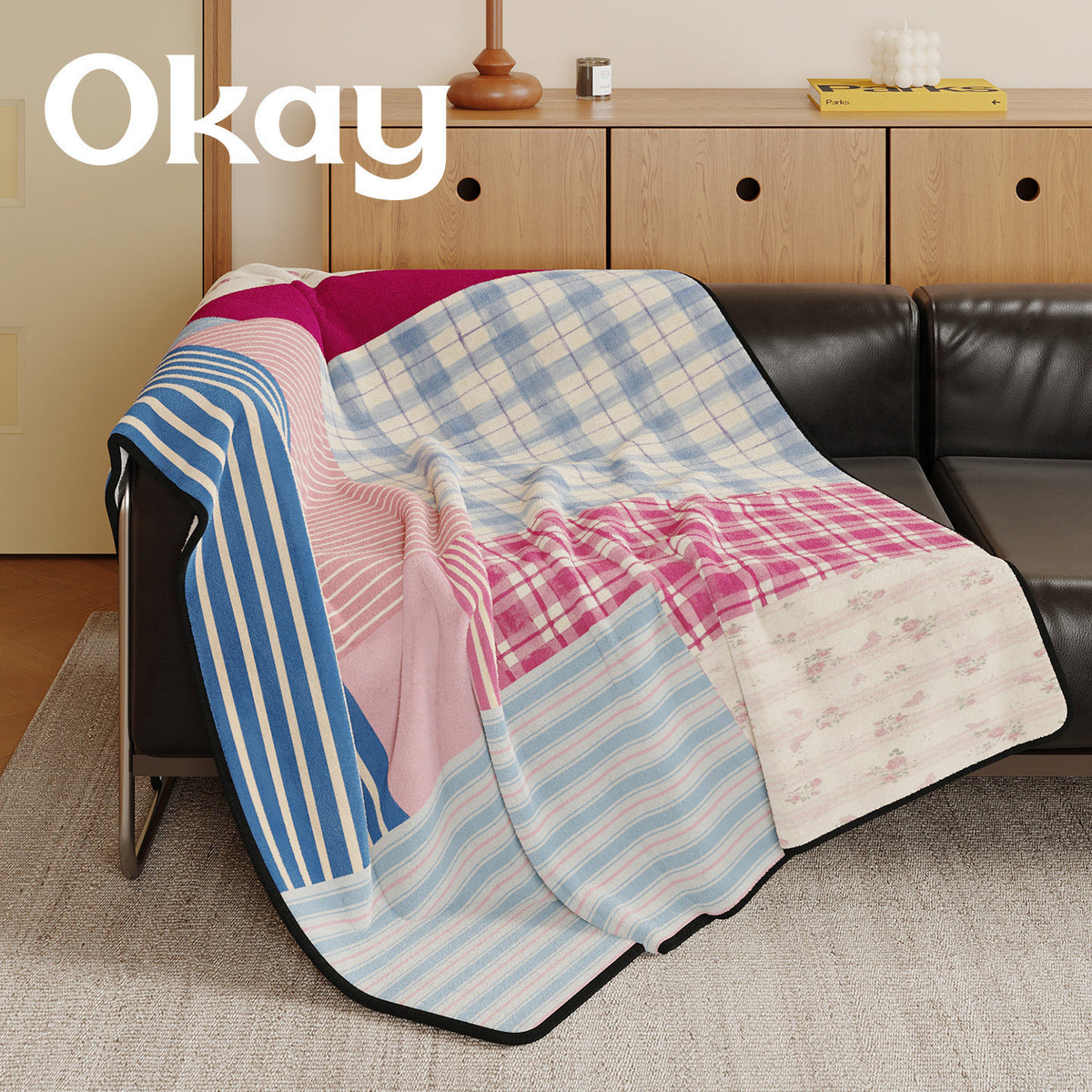 Reversible Patchwork Plush Throw Blanket with Mixed Plaid Stripes and Floral Panels