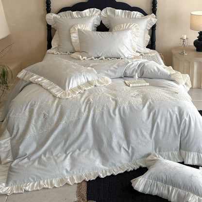 Jacquard bestickte Satin-Rüsch Bettbezug Set