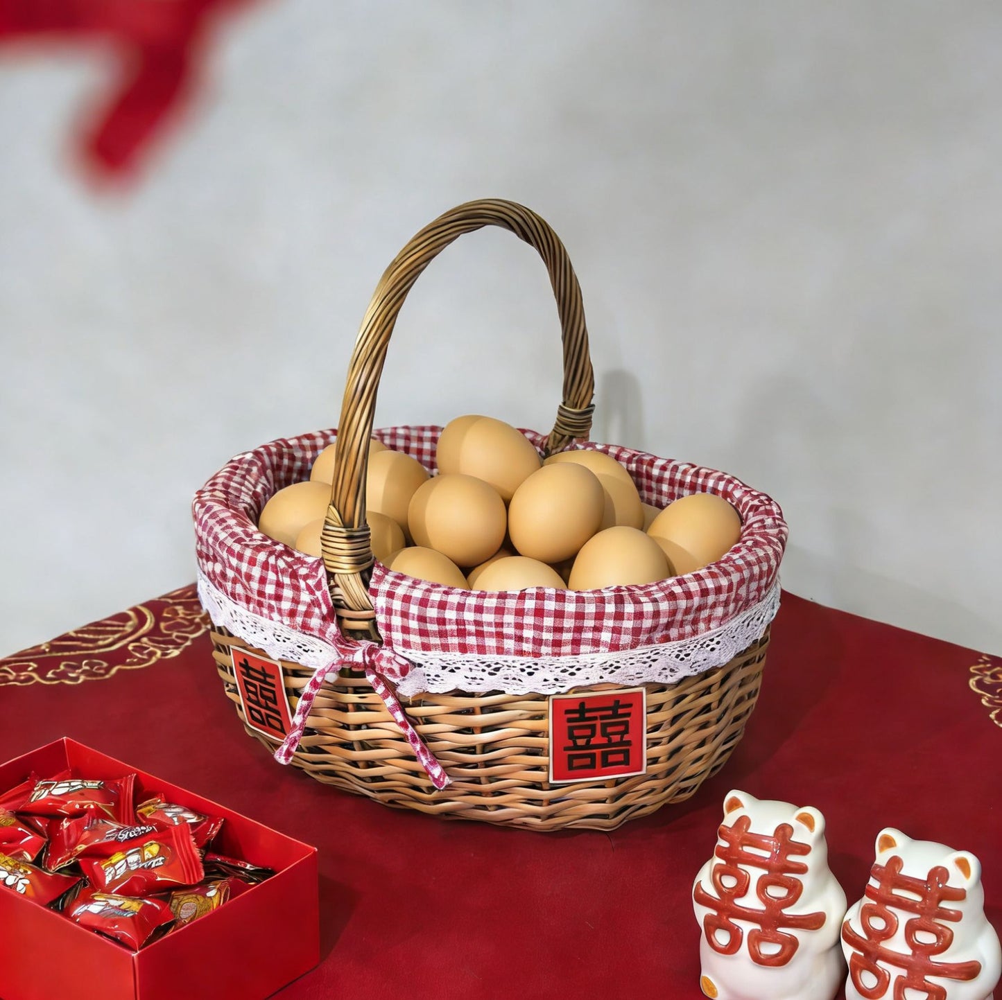 Damen geflochtener Korb mit romantischem Gingham-Muster Brehn