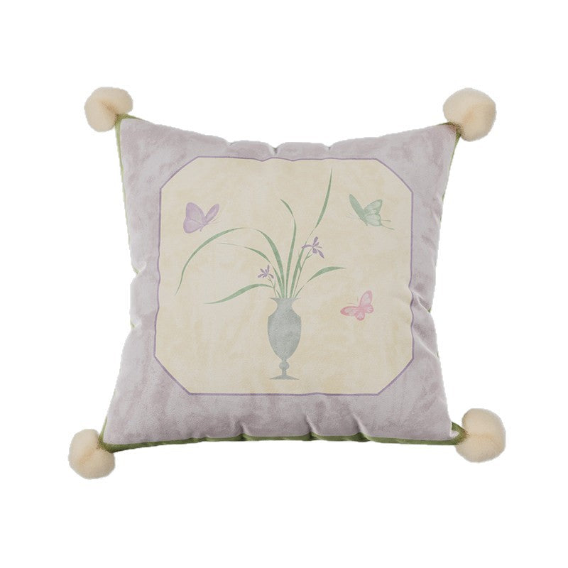 Decorative Velvet Throw Pillow Cover with Pom-Pom Corners and Botanical Butterfly Motif