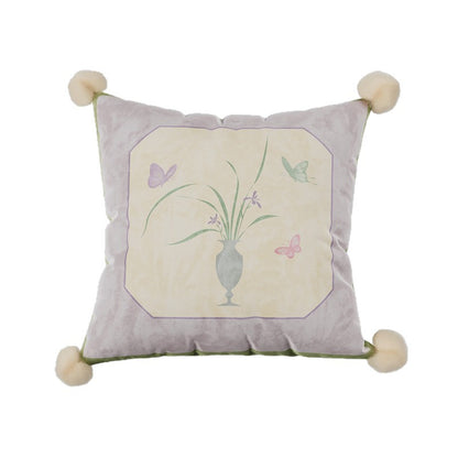 Decorative Velvet Throw Pillow Cover with Pom-Pom Corners and Botanical Butterfly Motif