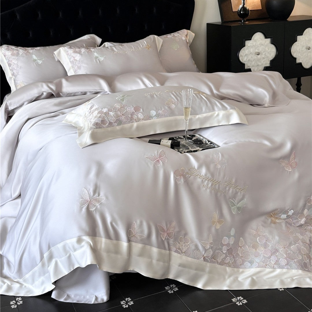 Seidiger Satin bestickter Schmetterling Bettbezug & Kissenbezug Set