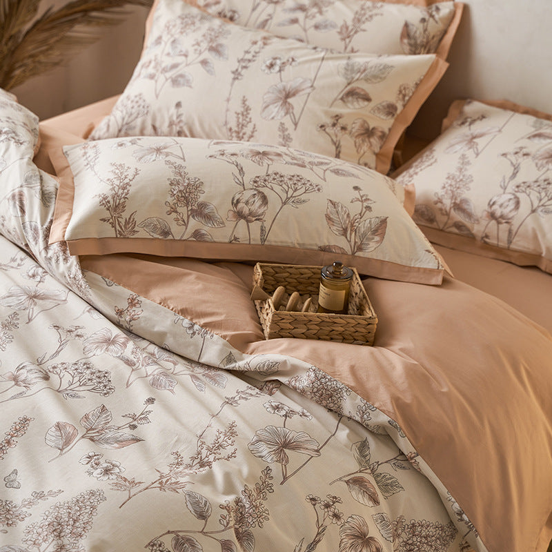 Wendbares Bettwäsche-Set aus Baumwollsatin mit botanischem Skizzenprint und glattem Rückseitenbezug