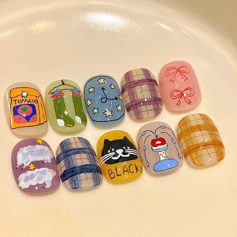 Künstlerisches katzenmotiviertes Press-On-Nagelkunstset Brehn