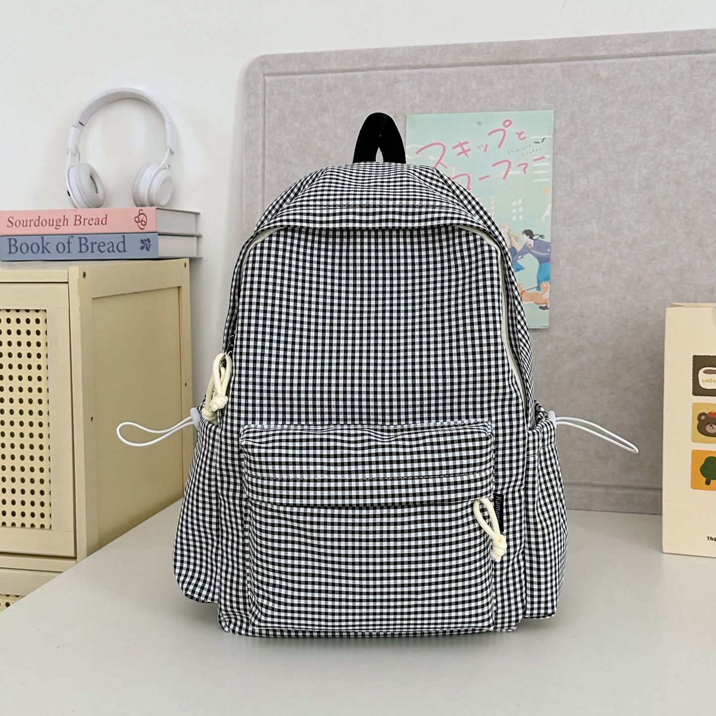 Gingham-Print Charakter-Verzierte Schul-Rucksack