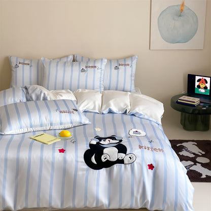 Gestreiftes Besticktes Satin Bettwäsche Set