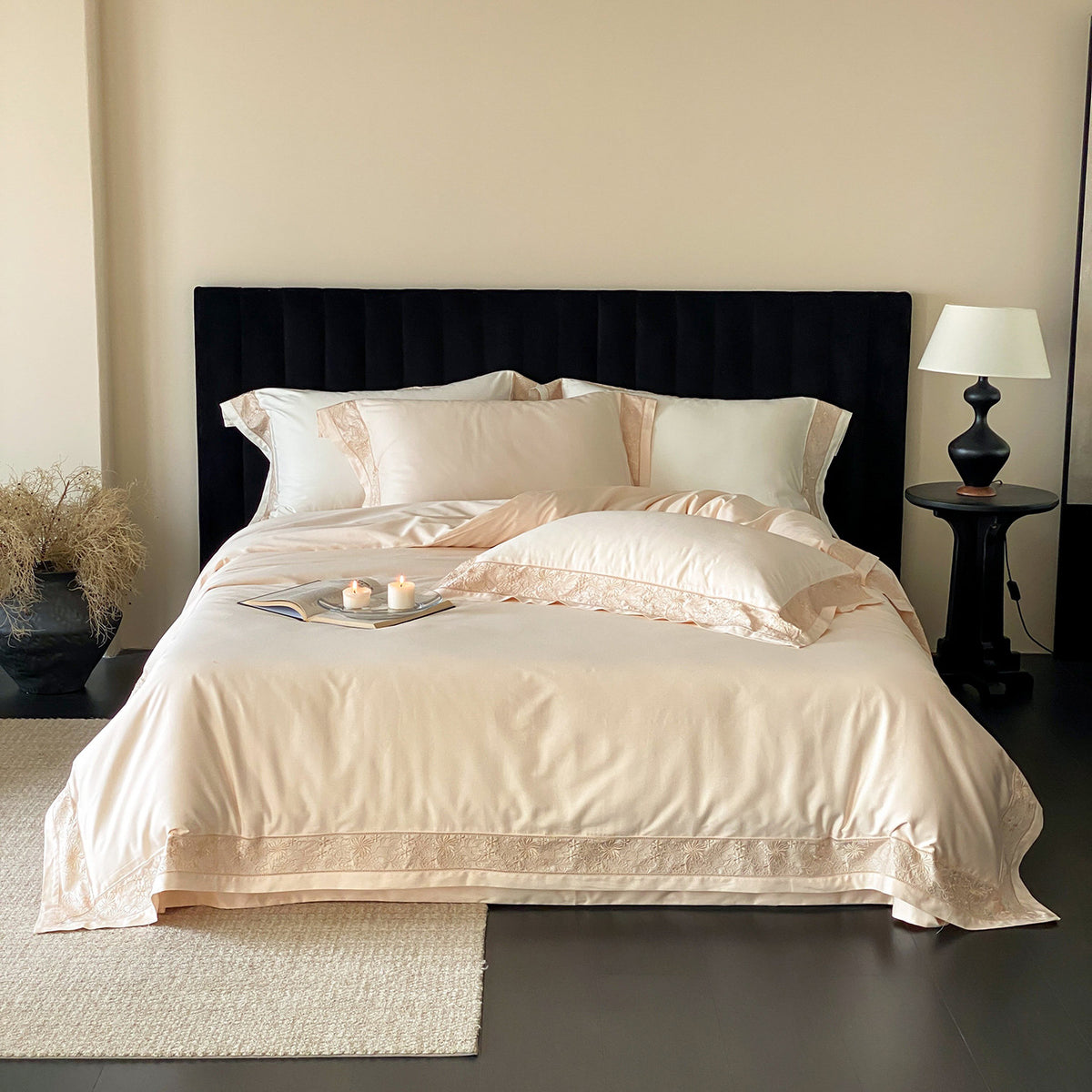 Hotel-Grade Baumwollsatin Bettwäsche Set mit Jacquardrand & Umschlag-Kissenbezügen
