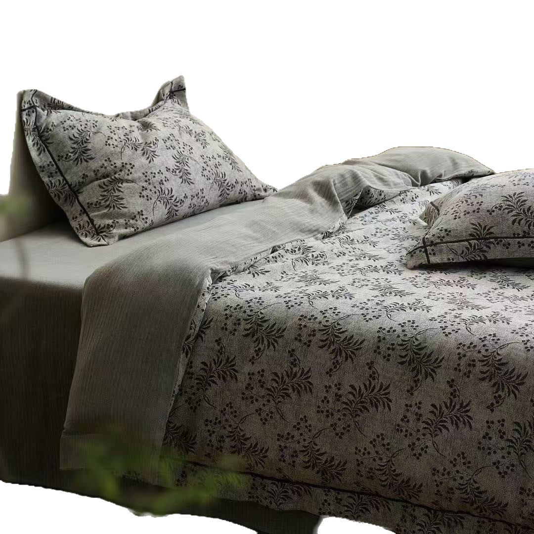Leinen-Baumwolle Floral Bettbezug Set mit Jacquard-Struktur und gepipten Kissenbezügen