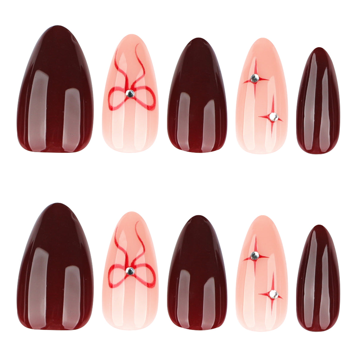 Kunstvolle Nagelkunst mit eleganten Schleifen und Strassverzierungen Brehn