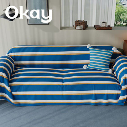 Reversible Plaid-Trim Sofa Slipcover and Throw Blanket Set