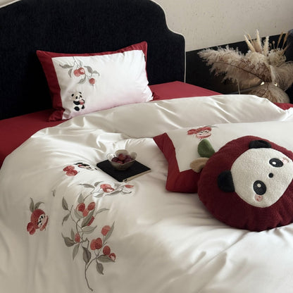 Bestickte Baumwollsatin-Bettwäschegarnitur mit floraler Apfel- und Panda-Applikation Brehn