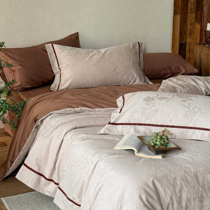 Umkehrbare Jacquard Blumen Bettwäsche Set mit kontrastierendem Paspelrand