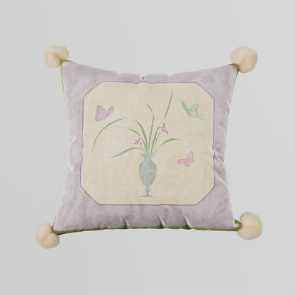 Decorative Velvet Throw Pillow Cover with Pom-Pom Corners and Botanical Butterfly Motif
