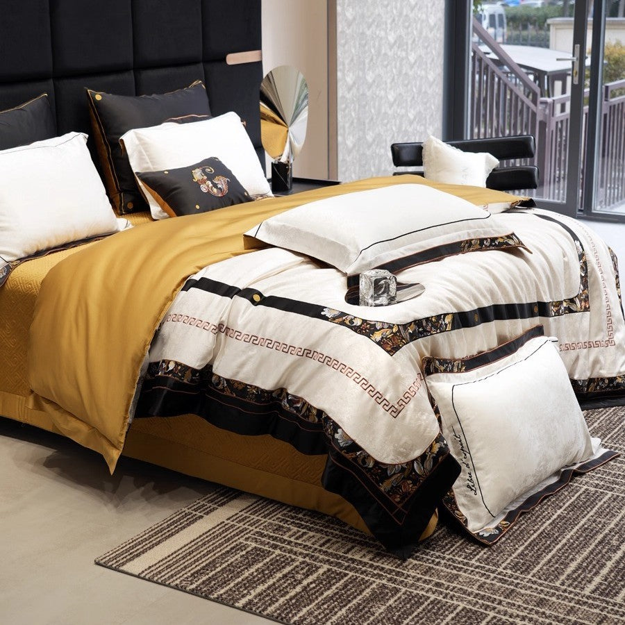 Luxuriöses Jacquard-Damaskus-Baumwollsatin-Bettbezug-Set mit Umschlag-Kissenbezügen