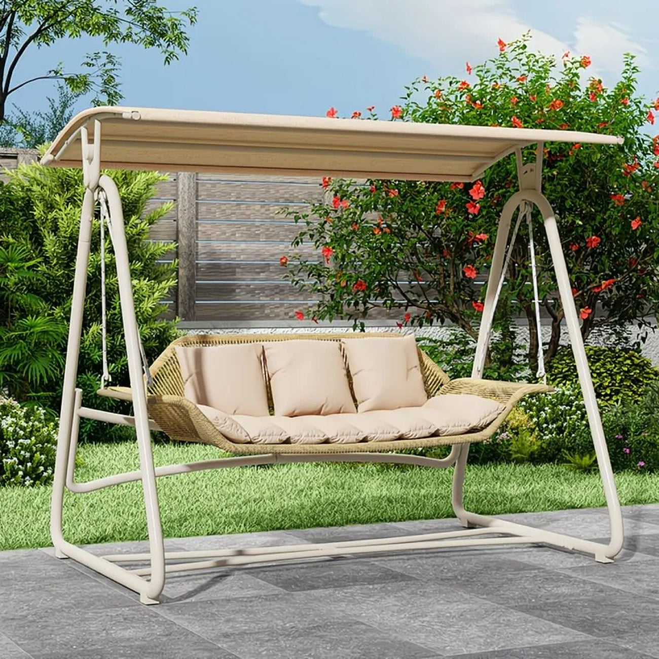 Geflochtenes Rattan-Außen-Schaukel-Loveseat mit gepolsterten Kissen und pulverbeschichtetem Stahlrahmen Brehn