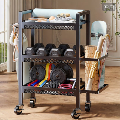 Rolling Drei-Ebenen Metallnetz Fitness Zubehör Organizer Wagen mit verriegelbaren Drehrollen