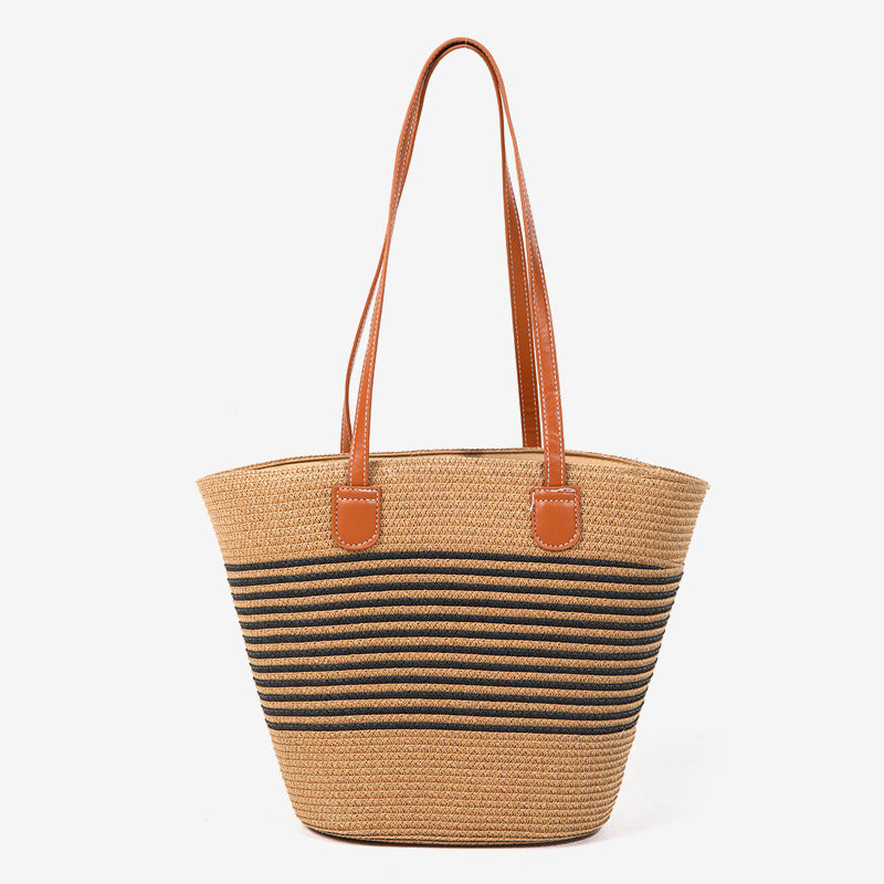 Damen elegante Strohtasche mit stilvollen Ledergriffen Brehn