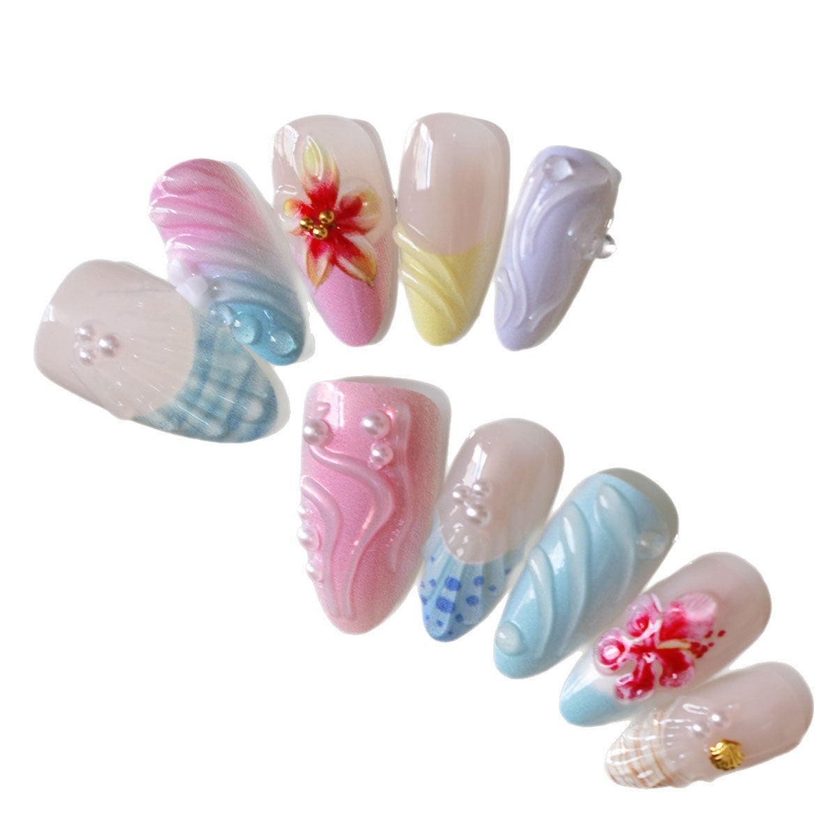 Dekorative 3D Blumen- und Muschel-Press-On-Nagelkunst Brehn