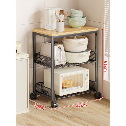 Kompakter Bamboo-Top Rolling Kitchen Utility Cart mit zwei Mesh-Korbregalen