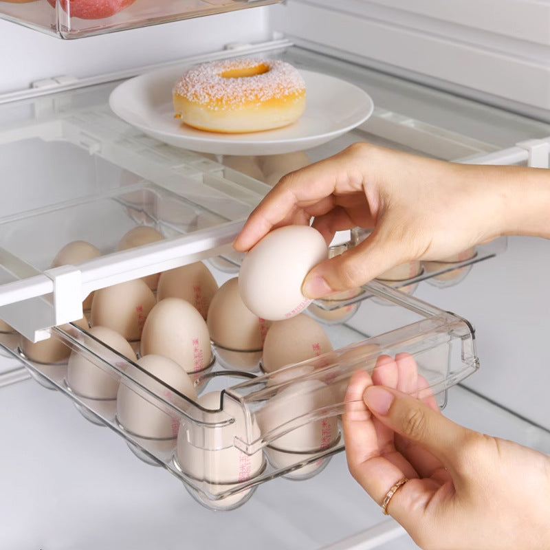 Transparenter Kühlschrank-Ei-Schubladen-Organizer mit herausziehbarer Klappe und stapelbarem Design