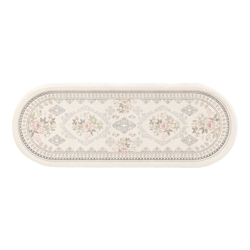 Oval Low-Pile Kitchen Runner Rug with Vintage Distressed Floral Jacquard and Non-Slip Backing