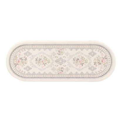 Oval Low-Pile Kitchen Runner Rug with Vintage Distressed Floral Jacquard and Non-Slip Backing