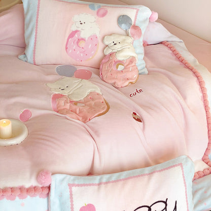 Kinderbettwäsche-Set mit Teddy-Fleece-Decke, Pompon-Saum und niedlichem Welpen-Motiv