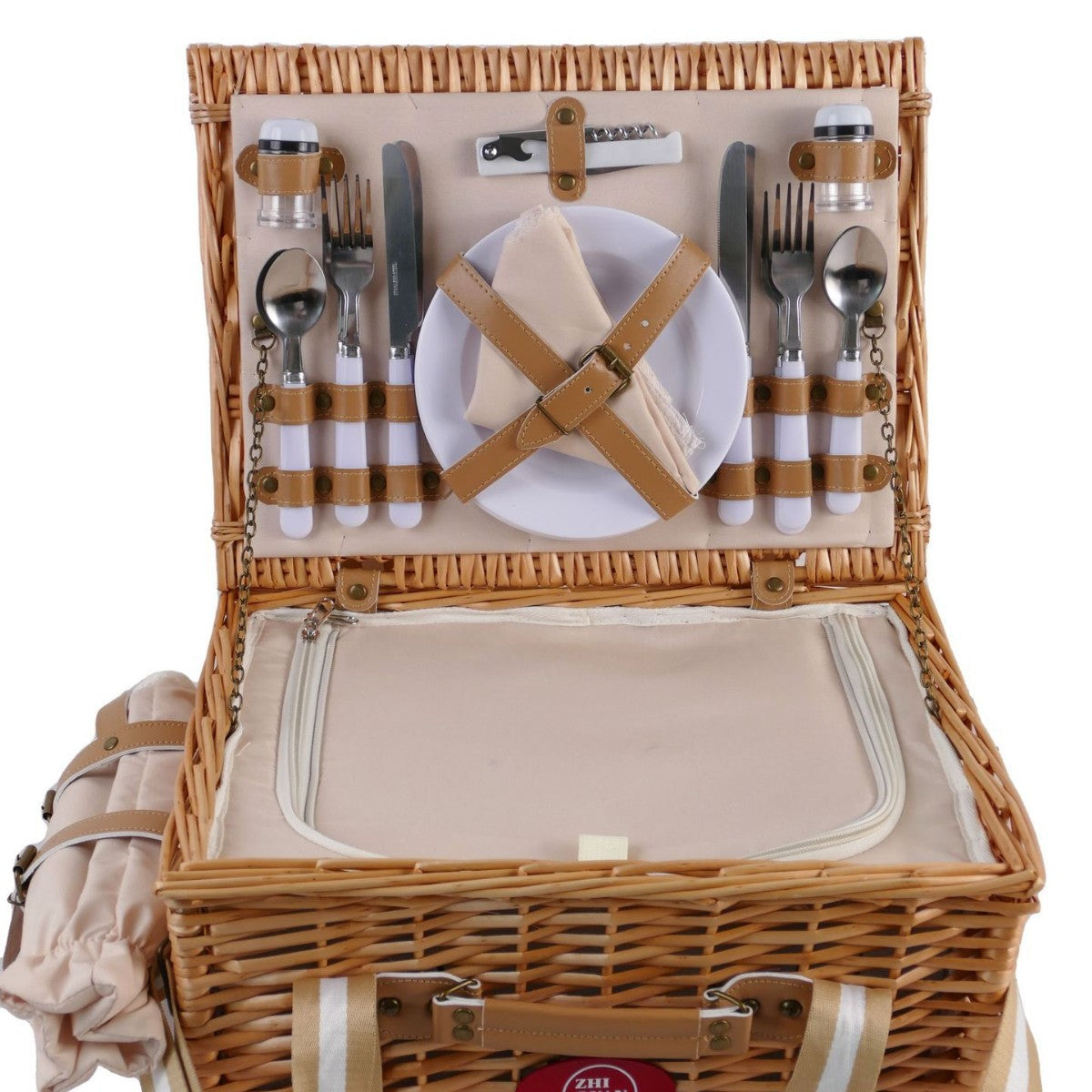 Damen Picknickkorb mit integriertem Geschirrset und stilvollem Leder-Detail Brehn