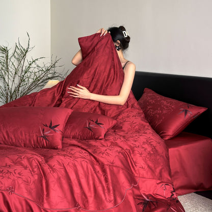 Glänzende Jacquard‑Satin Bettwäschegarnitur mit tonalem Bambus-Dessin