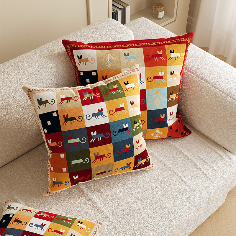 Square Decorative Throw Pillow Cover with Colorful Geometric Cat Motif and Piped Edge