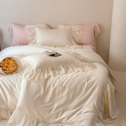 Luxuriöses Satin Rüschkissenbezug-Set mit Spitzenrand