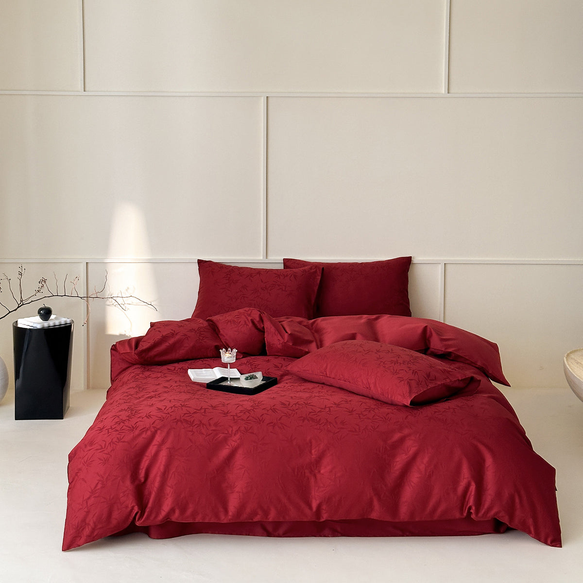 Premium-Bettwäschegarnitur aus Baumwollsatin mit feinem Ton-in-Ton Bambus-Jacquard