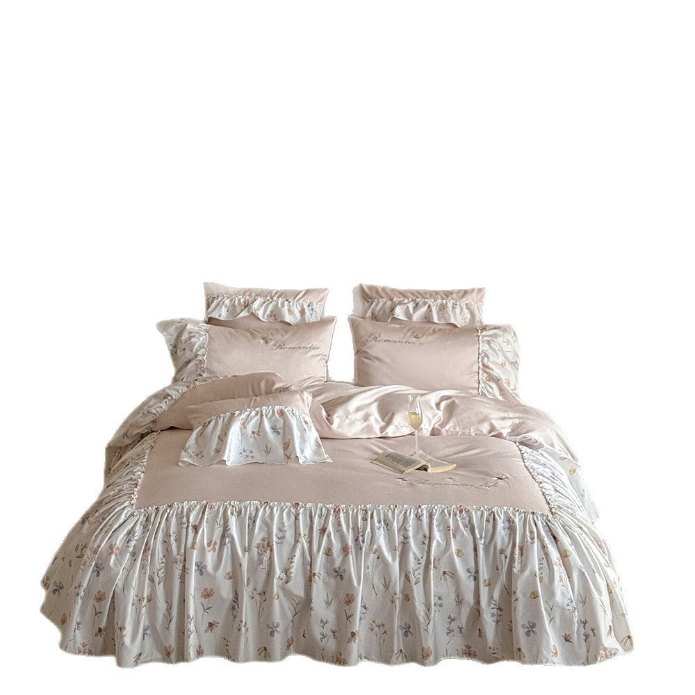 Rüsch Floral Baumwolle Sateen Bettwäsche Set mit Kissenbezügen und Bettrock