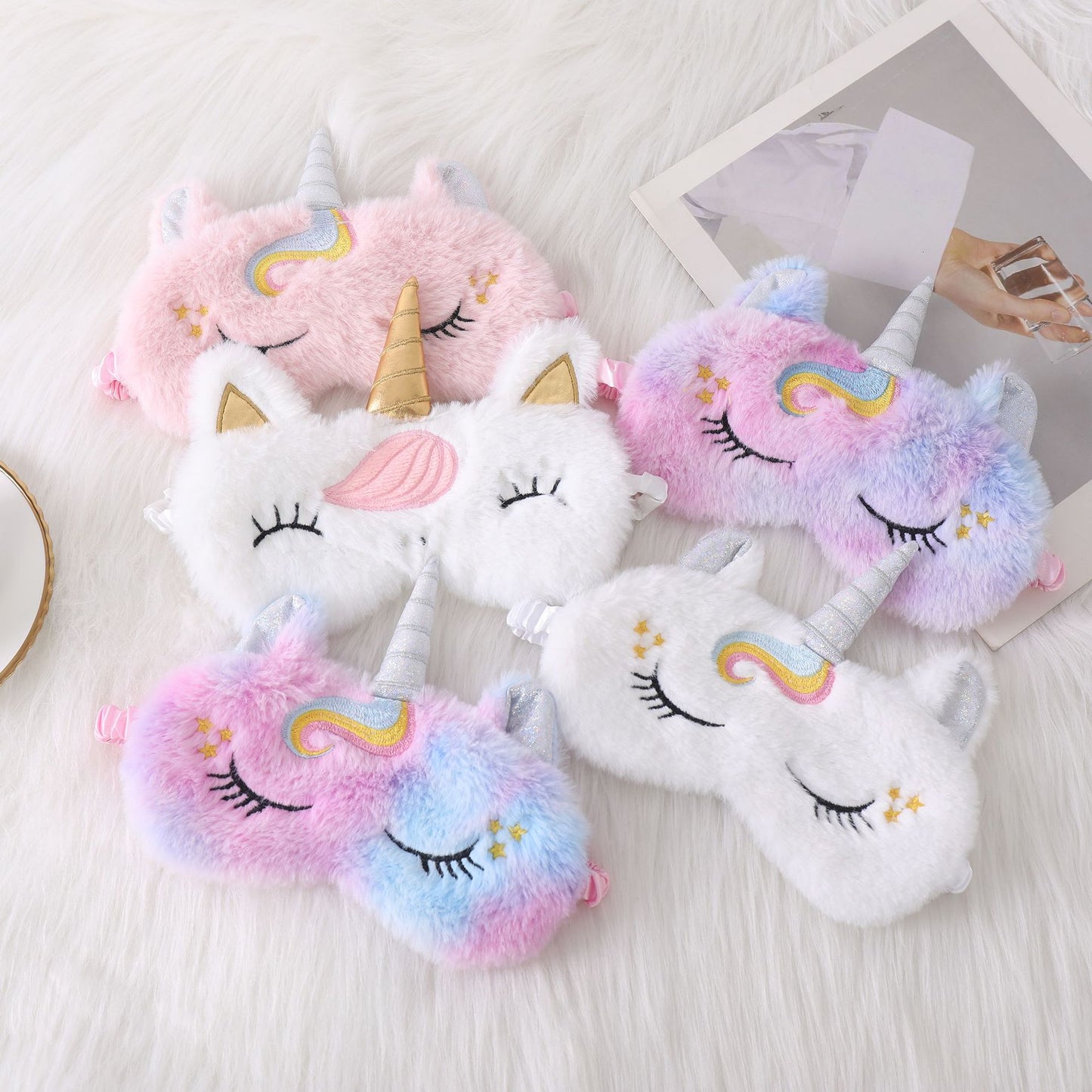 Damen nan kuschelige Einhorn-Schlafmaske mit gestickten Wimpern, weichem Plüsch und elastischem Rüschenband Brehn