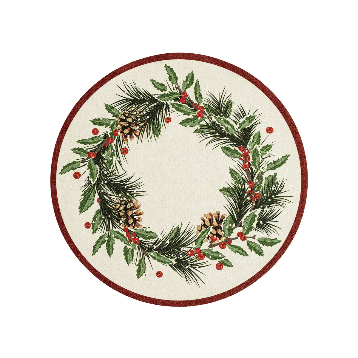 Rundes abwischbares Tischset mit weihnachtlichem Tannenzapfen- und Stechpalmenkranz-Motiv Brehn