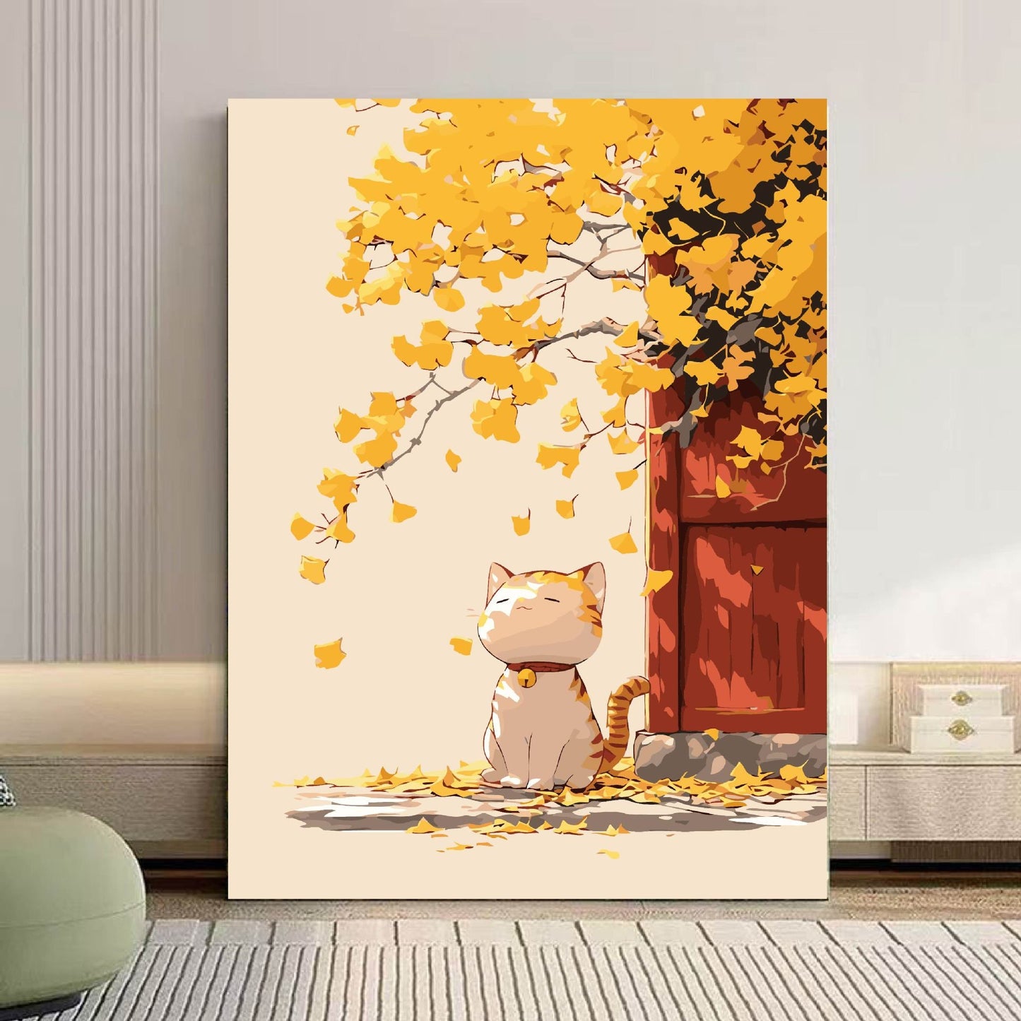 Gemütliche Katze und floral inspiriertes Leinwandkunstwerk Brehn