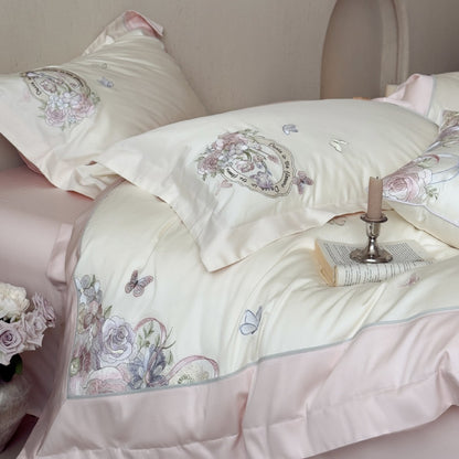 Luxuriöses floral besticktes Baumwollsatin-Bettwäsche-Set mit Volant und Zierkissen Brehn