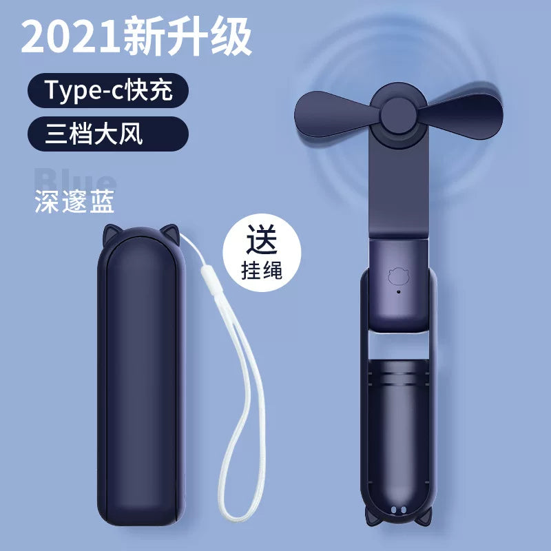 Unisex Einheitsgröße faltbarer wiederaufladbarer Dreifach-Handheld-Mini-Ventilator mit integriertem Powerbank USB-C und USB-A Anschlüssen sowie Handgelenksschlaufe Brehn