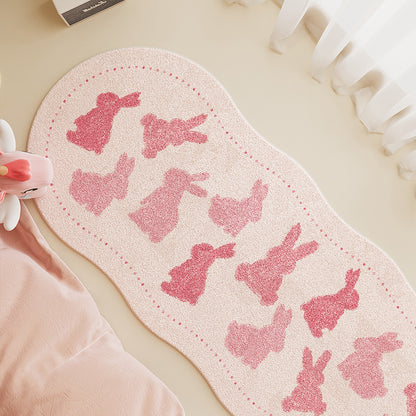 Children's Scalloped-Edge Plush Runner Rug with Pink Bunny Silhouette Pattern